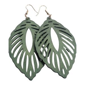 Lightweight Green Wood Leaf Drop Earrings
